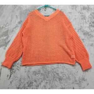 Rhapsody‎ Sweater Womens L Orange Open Knit V-Neck V-Back Pullover Long Sleeve